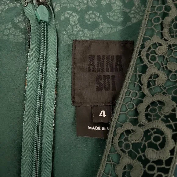 Anna Sui Green White Printed Lace Detail V-Neck Sleeveless Mini Dress 4 Silk - Picture 5 of 10